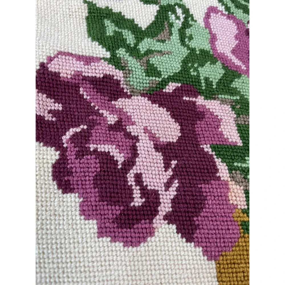 Vintage Needlepoint  13x13 Completed Unframed Pink Roses in Gold Vase‎